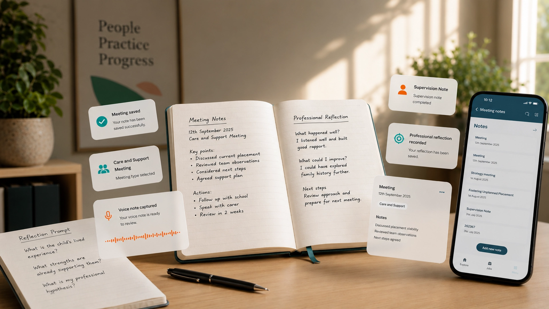 Pebble Meeting Notes feature showing AI-supported recording screens and floating recording cards